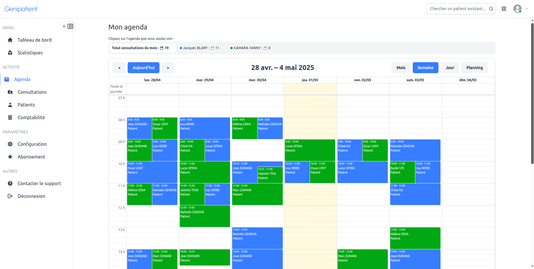 Interface agenda Genipatient