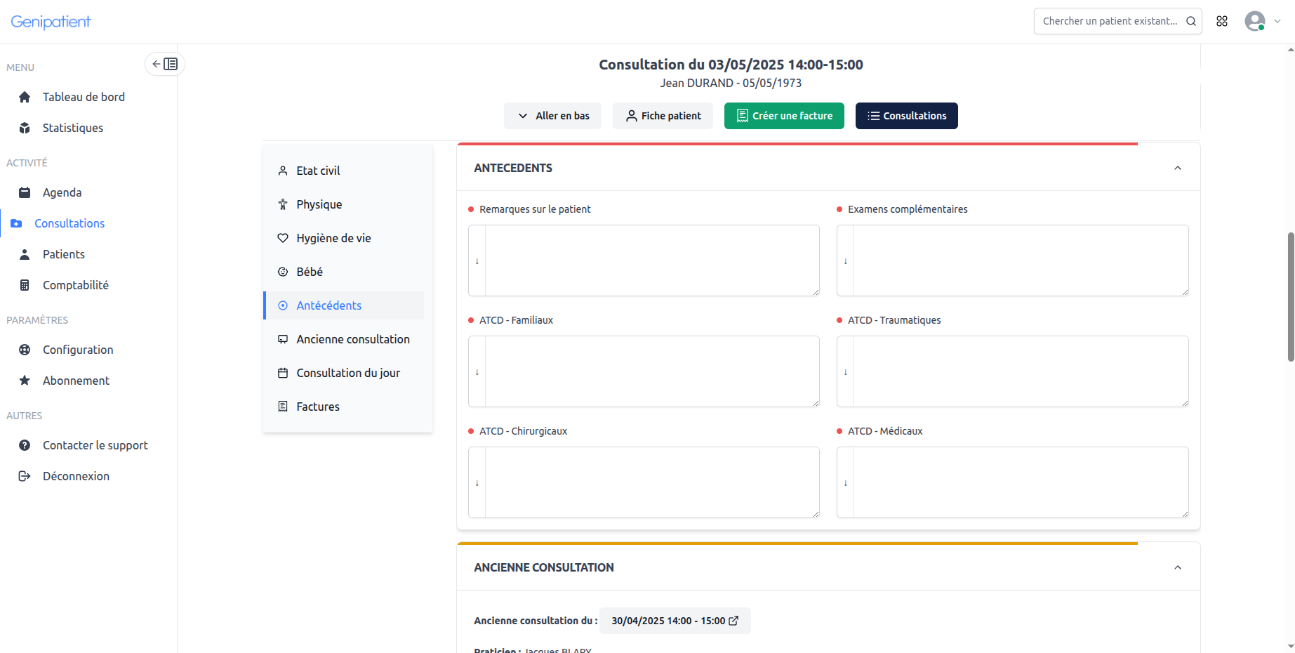 Interface consultation Genipatient