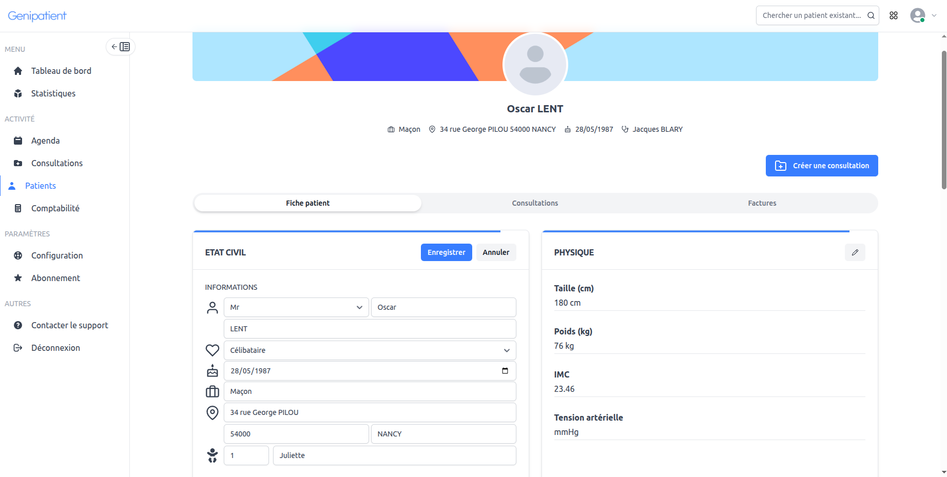 Interface fiches patients Genipatient